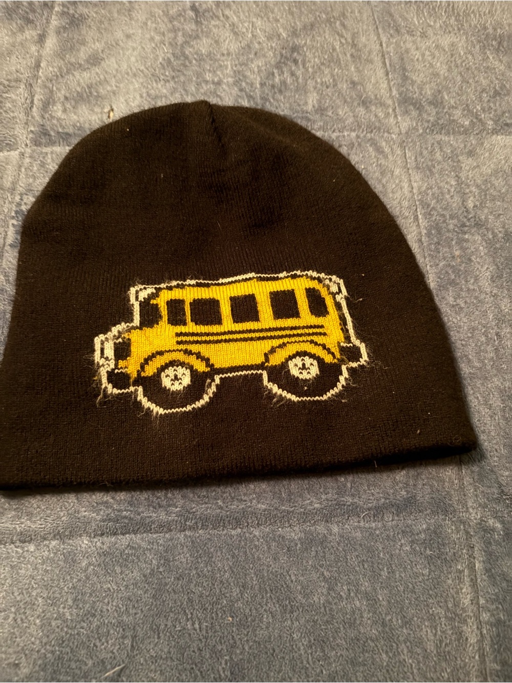 Black Beanie Hat with Yellow School Bus Design